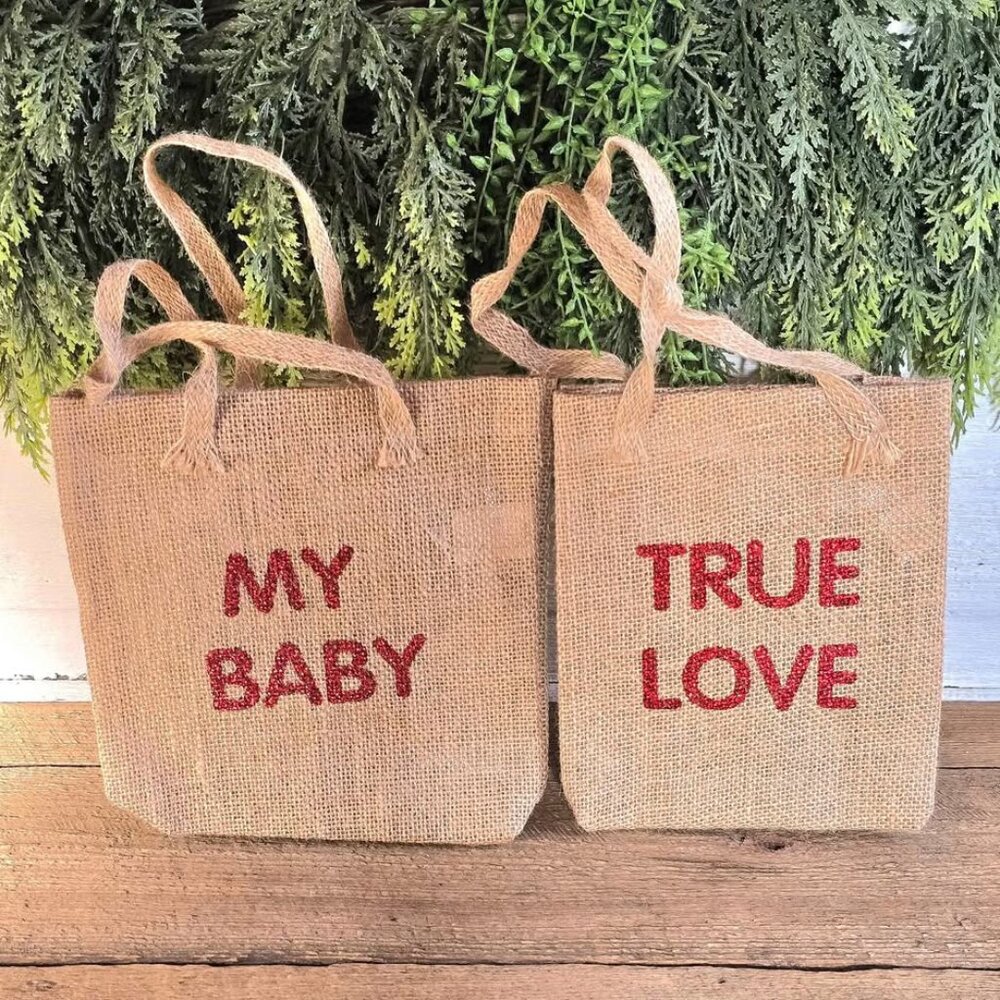 2 Small Burlap Red Glitter My Baby and True Love Valentine's Day Bags Totes